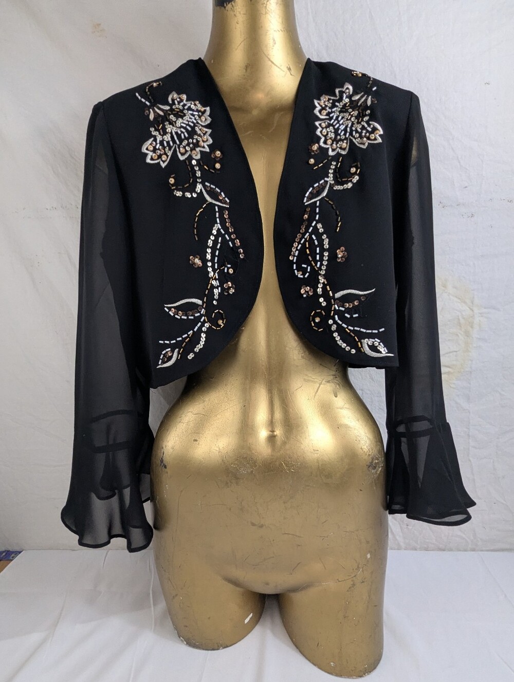 S.L. Fashions Black Beaded Chiffon Bolero Jacket Size 16 XL